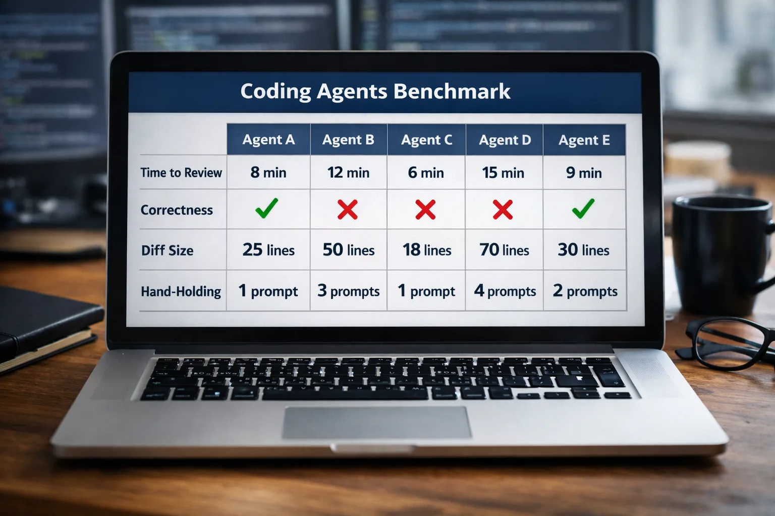 Benchmark table comparing five coding agents across speed, correctness, and diff size