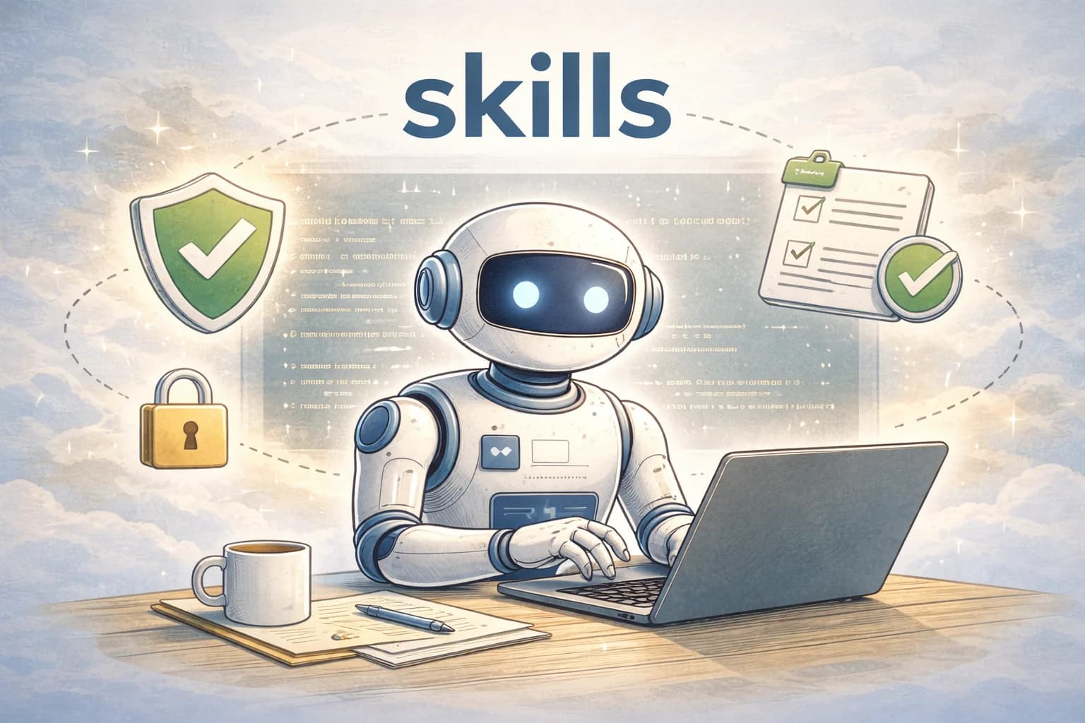 Robot coding agent at a desk with a laptop, blurred code screen in the background, and simple icons showing scope lock and verified tests under the title skills