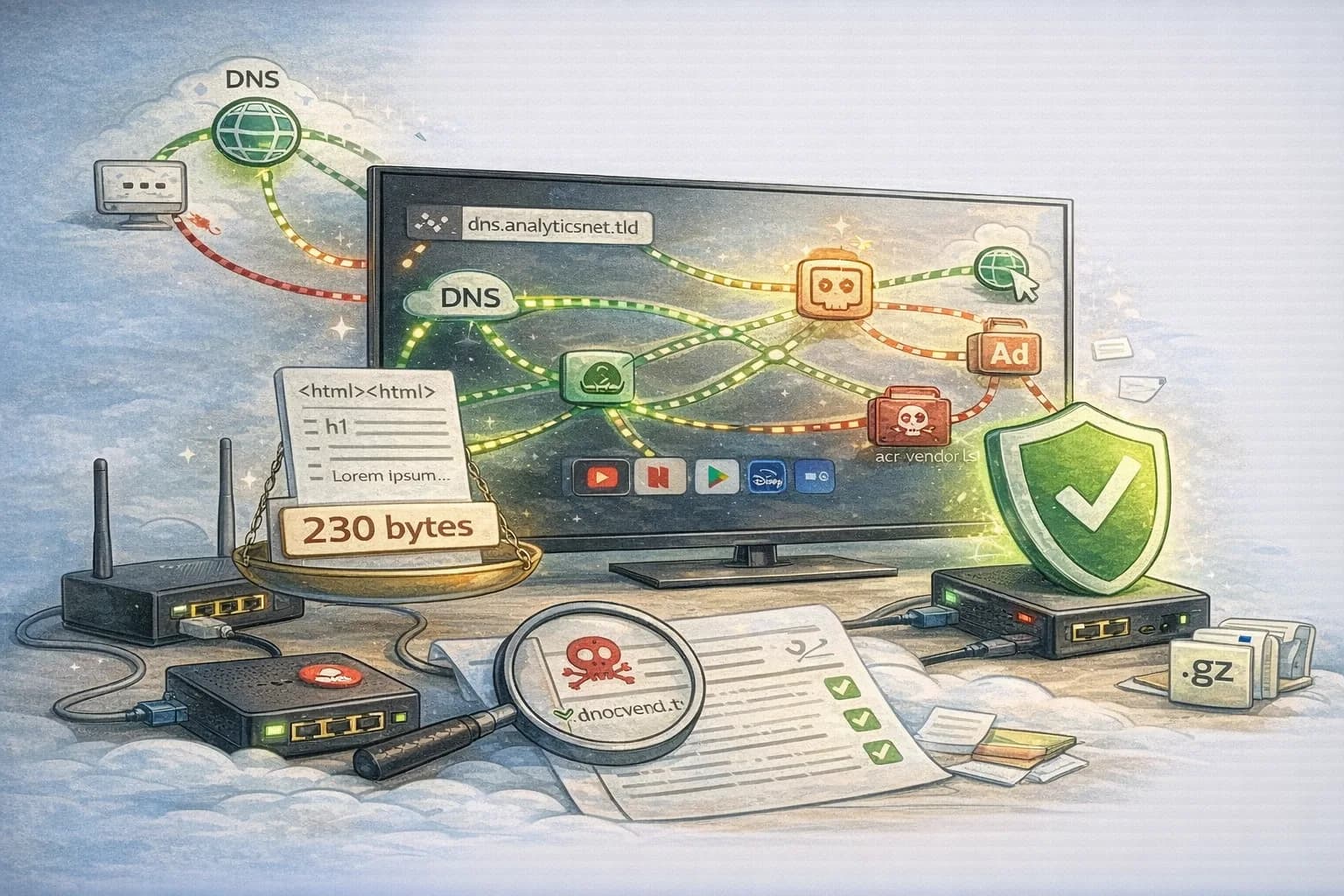 A Smart TV network map with DNS nodes and a privacy shield