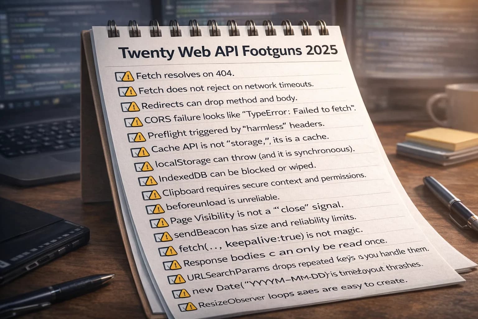 A checklist of web APIs with warning icons