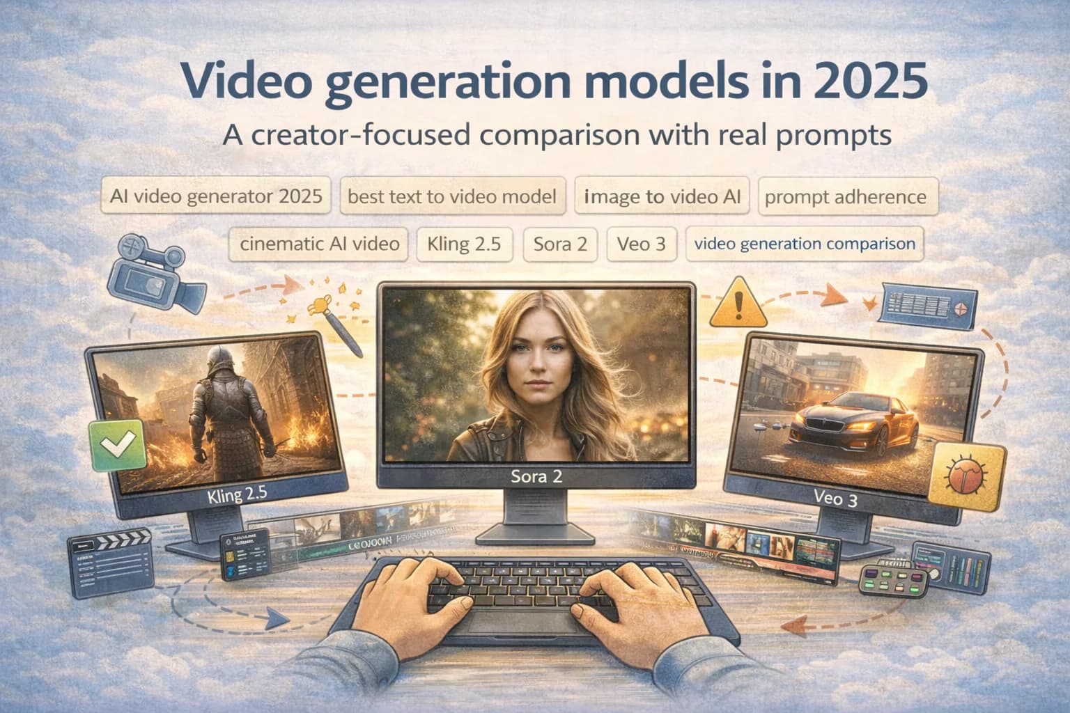Creator comparing video generation models in 2025 on three monitors labeled Kling 2.5, Sora 2, and Veo 3, with cinematic frames and icons for prompt adherence, stability, and evaluation metrics