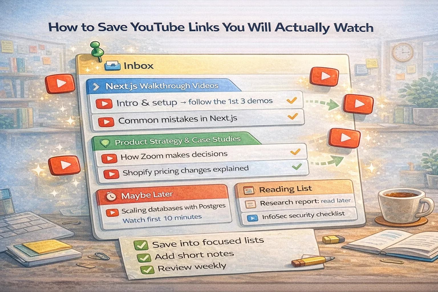 YouTube play icons organized into a checklist.