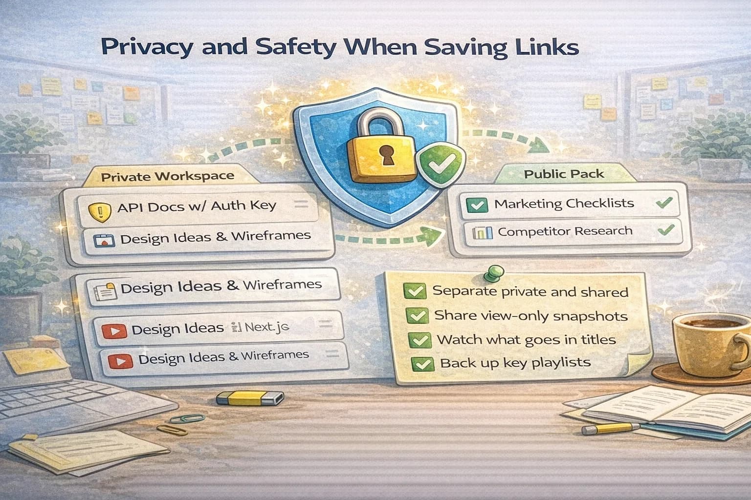 A lock icon over organized link cards.