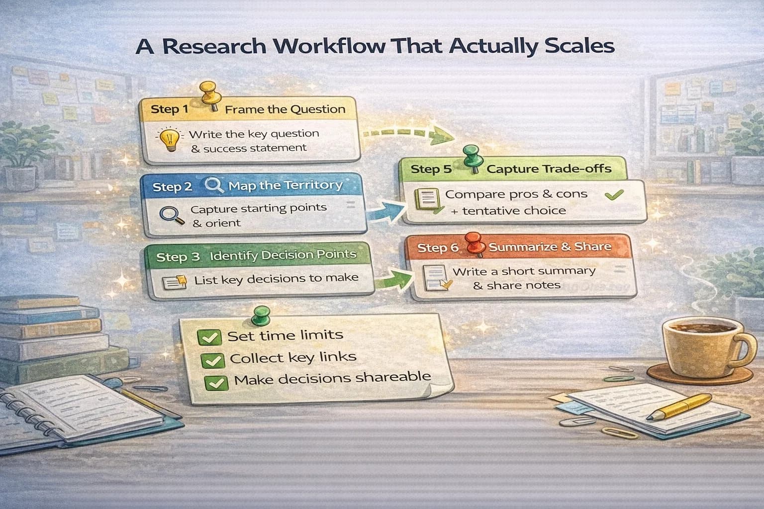 A flow chart showing steps in a research workflow.