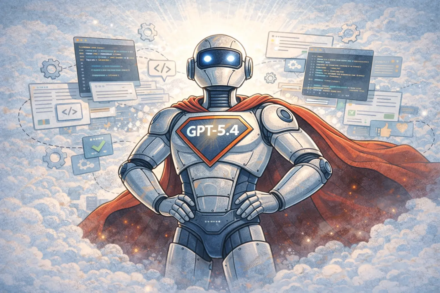 Hero illustration of GPT-5.4 as a coding superhero with floating software tools around it