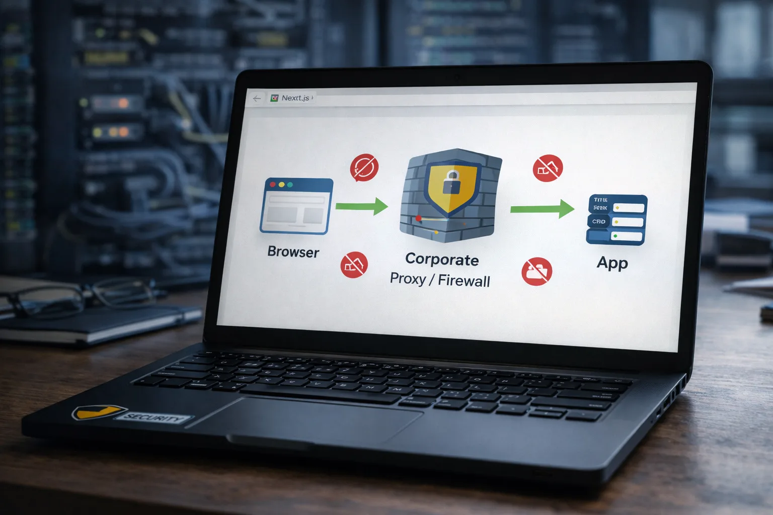 Diagram showing a web app flowing through a corporate proxy with constrained features