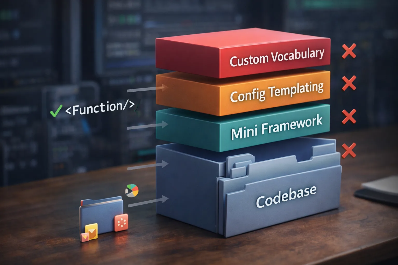 Layers of abstractions stacked above a simple codebase