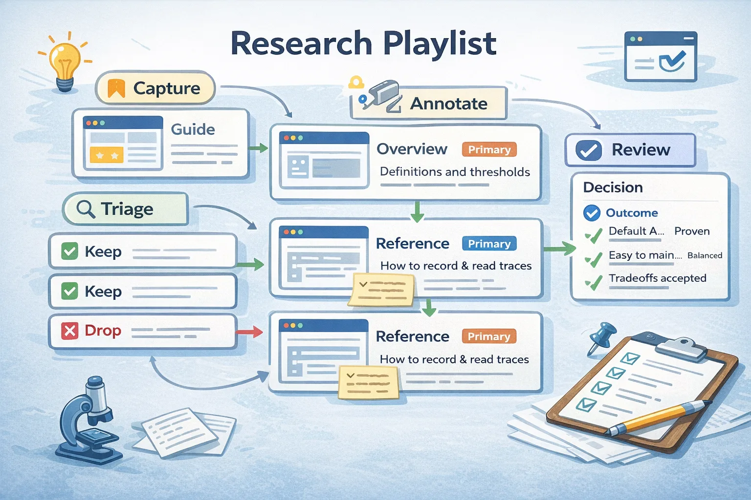 Illustration of organized link cards forming a structured research playlist