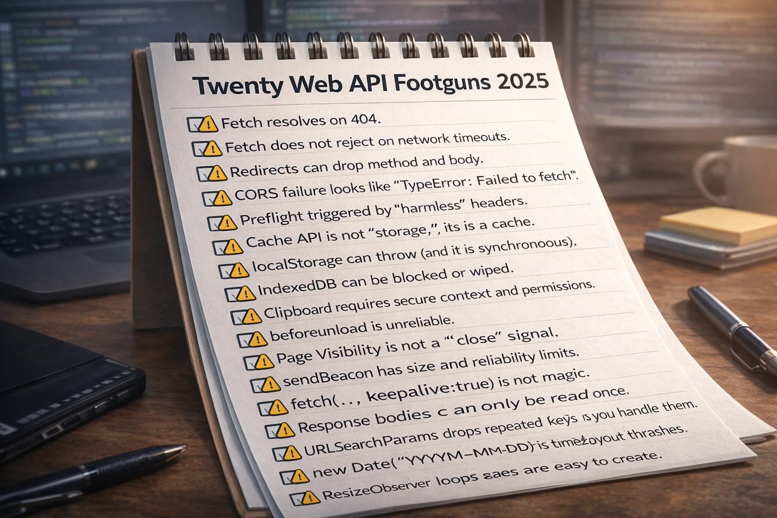 A checklist of web APIs with warning icons