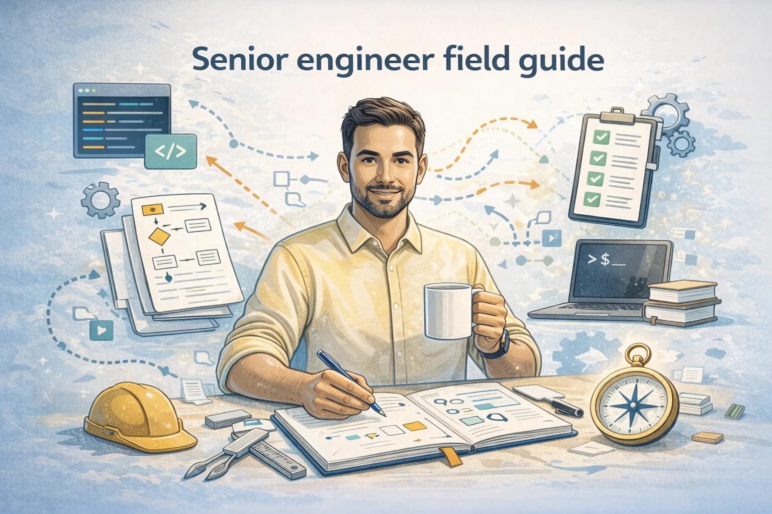 Senior engineer sitting at a desk with a notebook and coffee, surrounded by diagrams, checklists, code windows, a compass, and engineering tools in a soft illustrated style, title above reads senior engineer field guide.