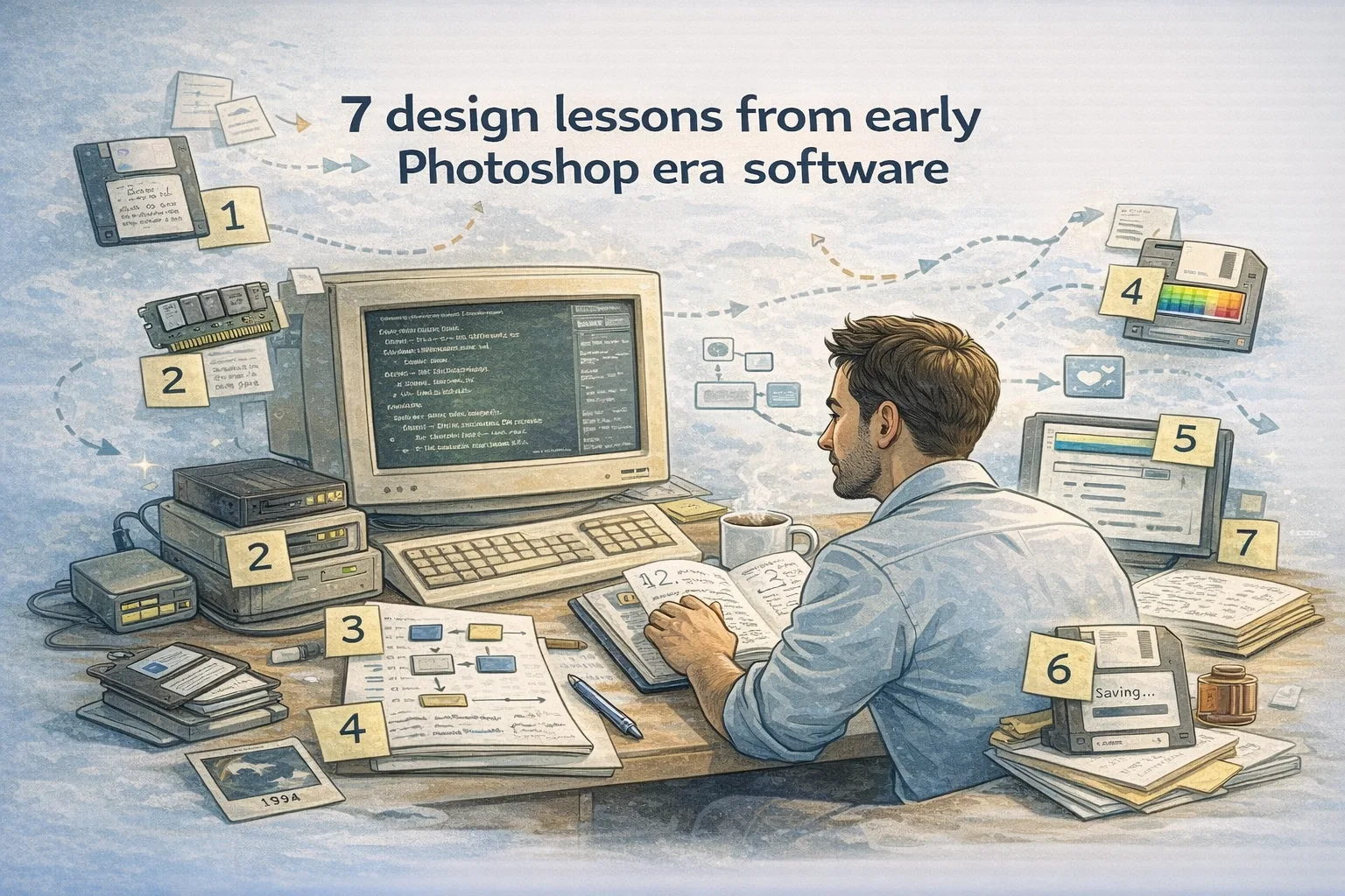 Illustration of a software engineer at a desk reading retro code from the early Photoshop era on a vintage CRT monitor, surrounded by floppy disks, memory modules, notebooks, old UI sketches, and numbered design lesson callouts in a nostalgic painted style.