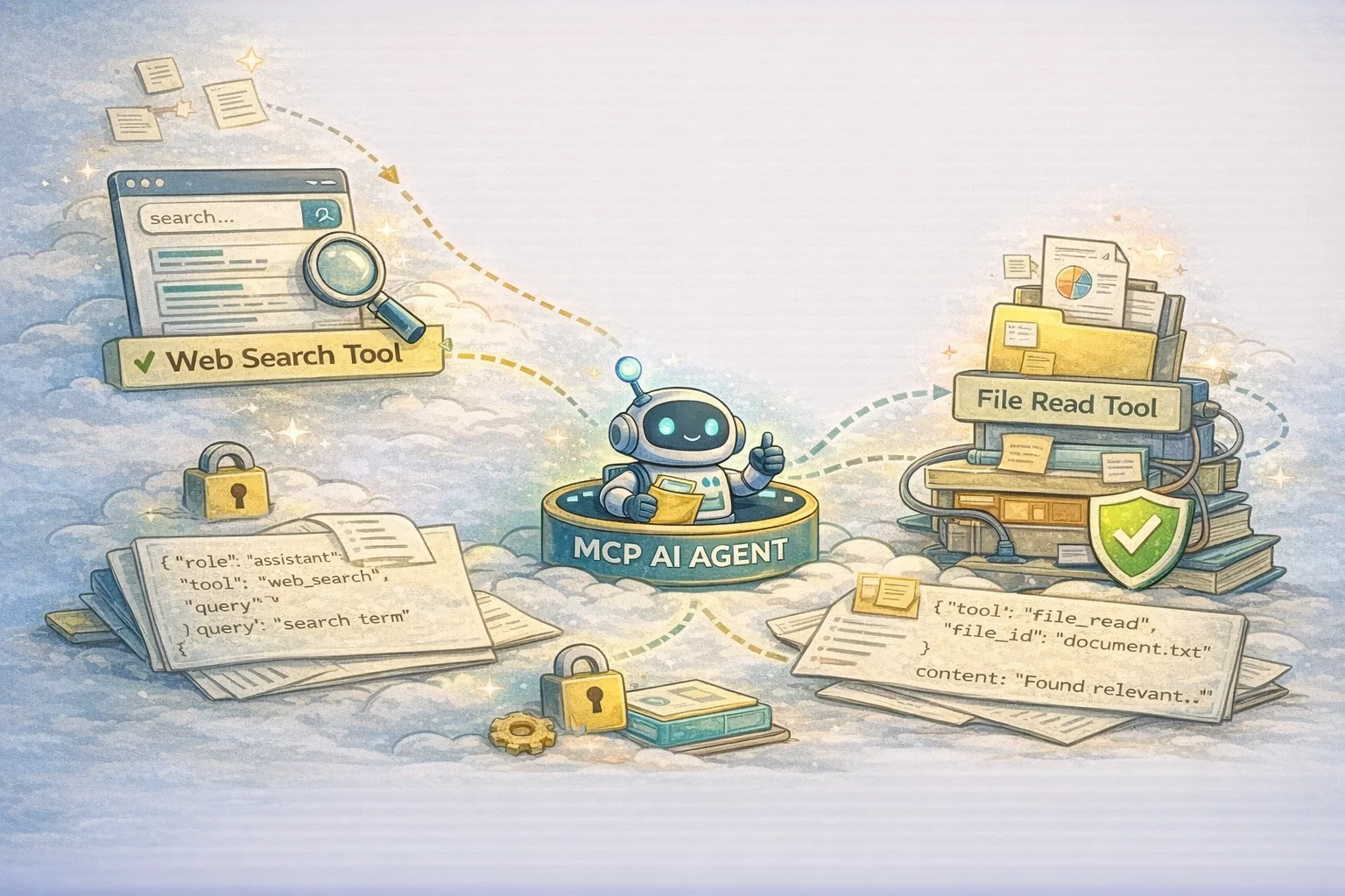A semi realistic illustration showing an AI agent in the center connected to two tools on each side: a web search interface on the left and a file reading stack on the right, with dotted connection lines, security icons, documents, and a clean technical workflow theme without childish elements.