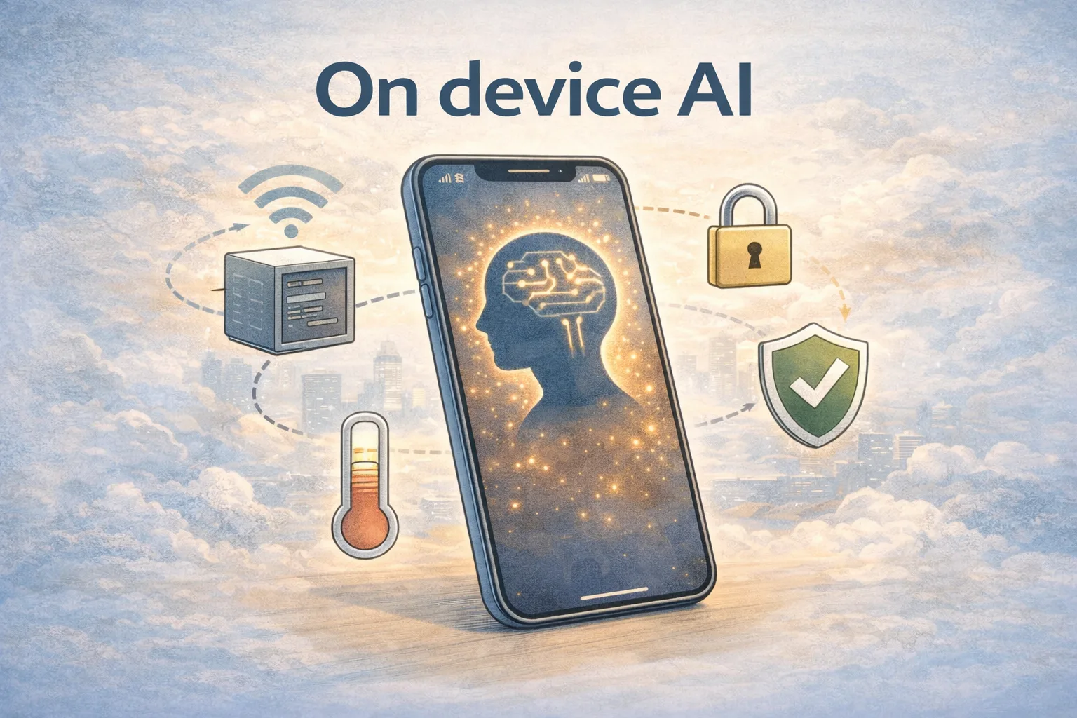 Smartphone running on device AI with a glowing brain silhouette on screen, surrounded by privacy lock and verified shield icons under the title On device AI