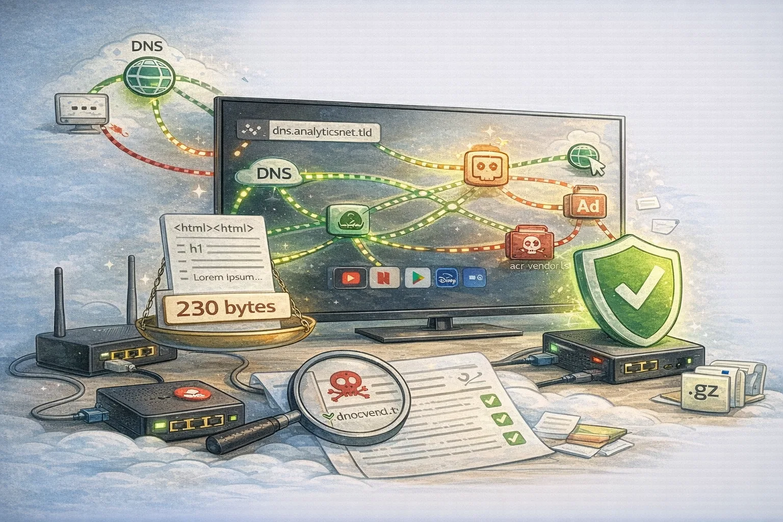 A Smart TV network map with DNS nodes and a privacy shield