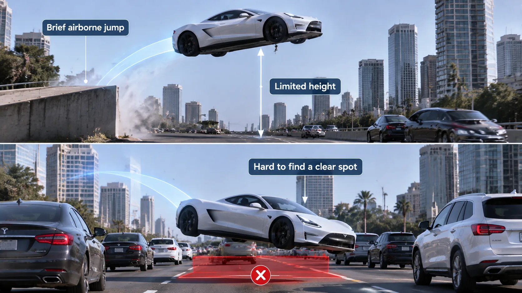 Conceptual comparison of a brief Roadster airborne jump and the difficulty of finding a clear landing space in traffic