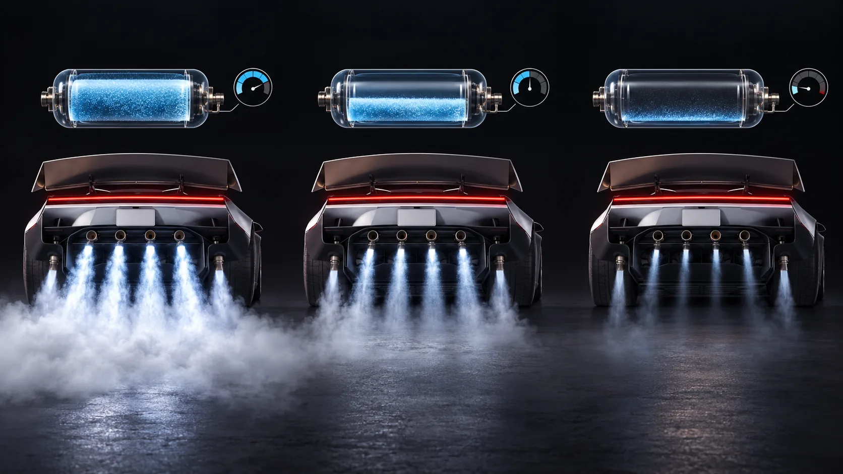 Visual explanation showing the Tesla Roadster compressed-gas tank being depleted during repeated thrust use