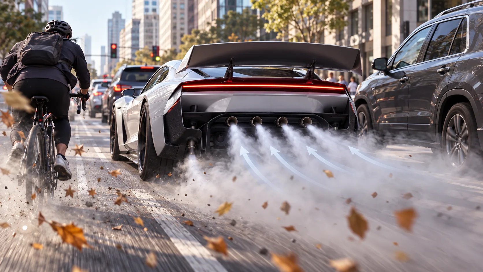 Conceptual demonstration of a Tesla Roadster releasing high-speed gas behind it near surrounding traffic