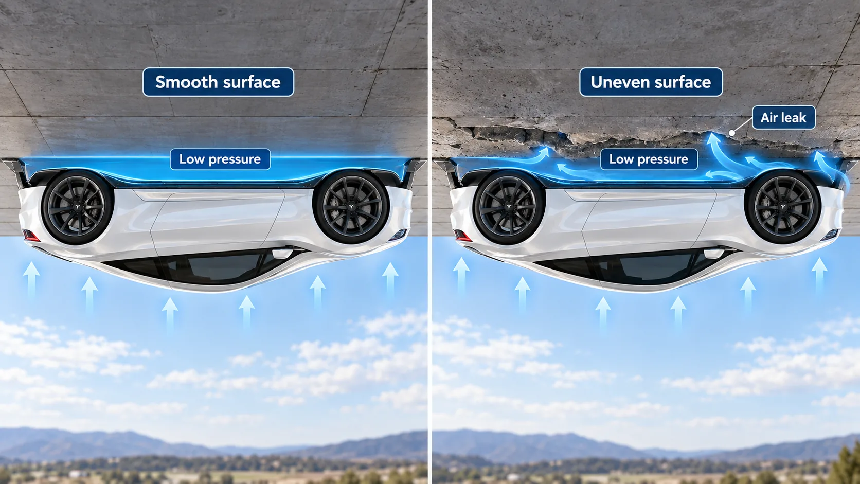 Close-up explanation of a fan-assisted car adjusting its underbody skirts over smooth and uneven road surfaces