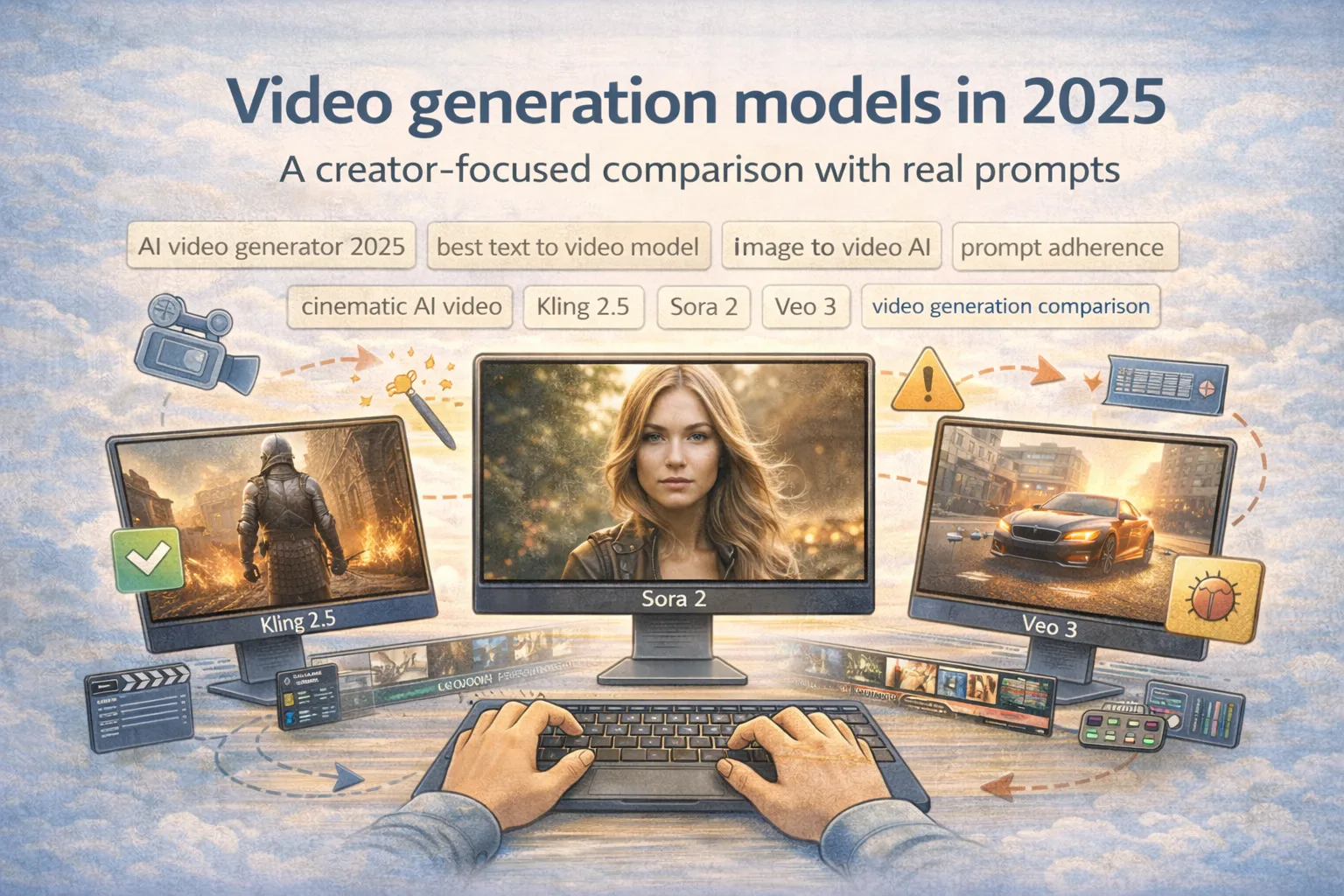 Creator comparing video generation models in 2025 on three monitors labeled Kling 2.5, Sora 2, and Veo 3, with cinematic frames and icons for prompt adherence, stability, and evaluation metrics
