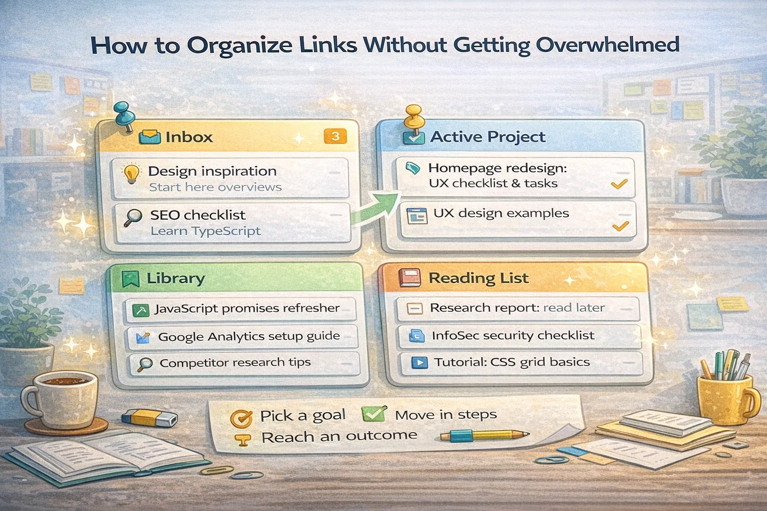 Cards arranged in tidy rows representing organized links.